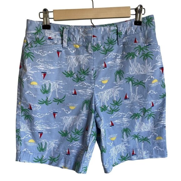 Lands' End Size 6P Blue Nautical Beachy Bermuda Shorts Sailing Palm Trees Hawaii - Picture 1 of 6